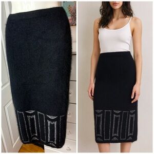 EREZ Black Silver Angora Rabbit Fur Lambswool Knit Midi Skirt Size Medium